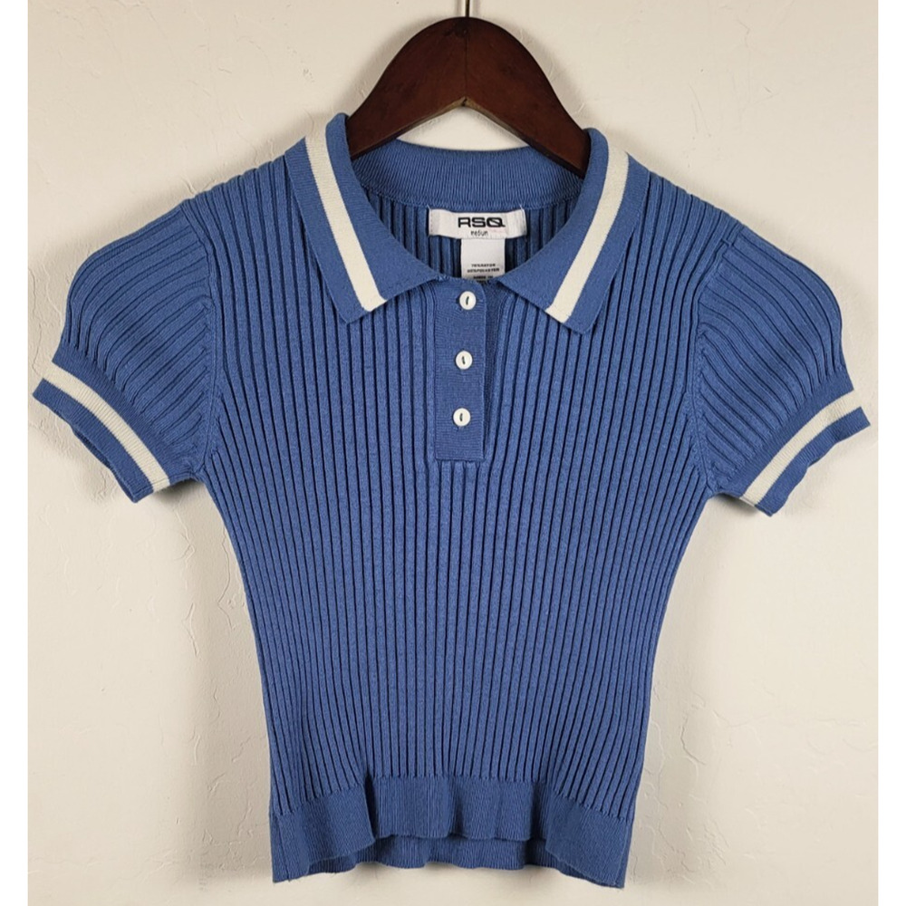 RSQ Collared Stretch Ribbed Soft Knit Crop Top Preppy 90s Y2K Skater Girl Sz Med